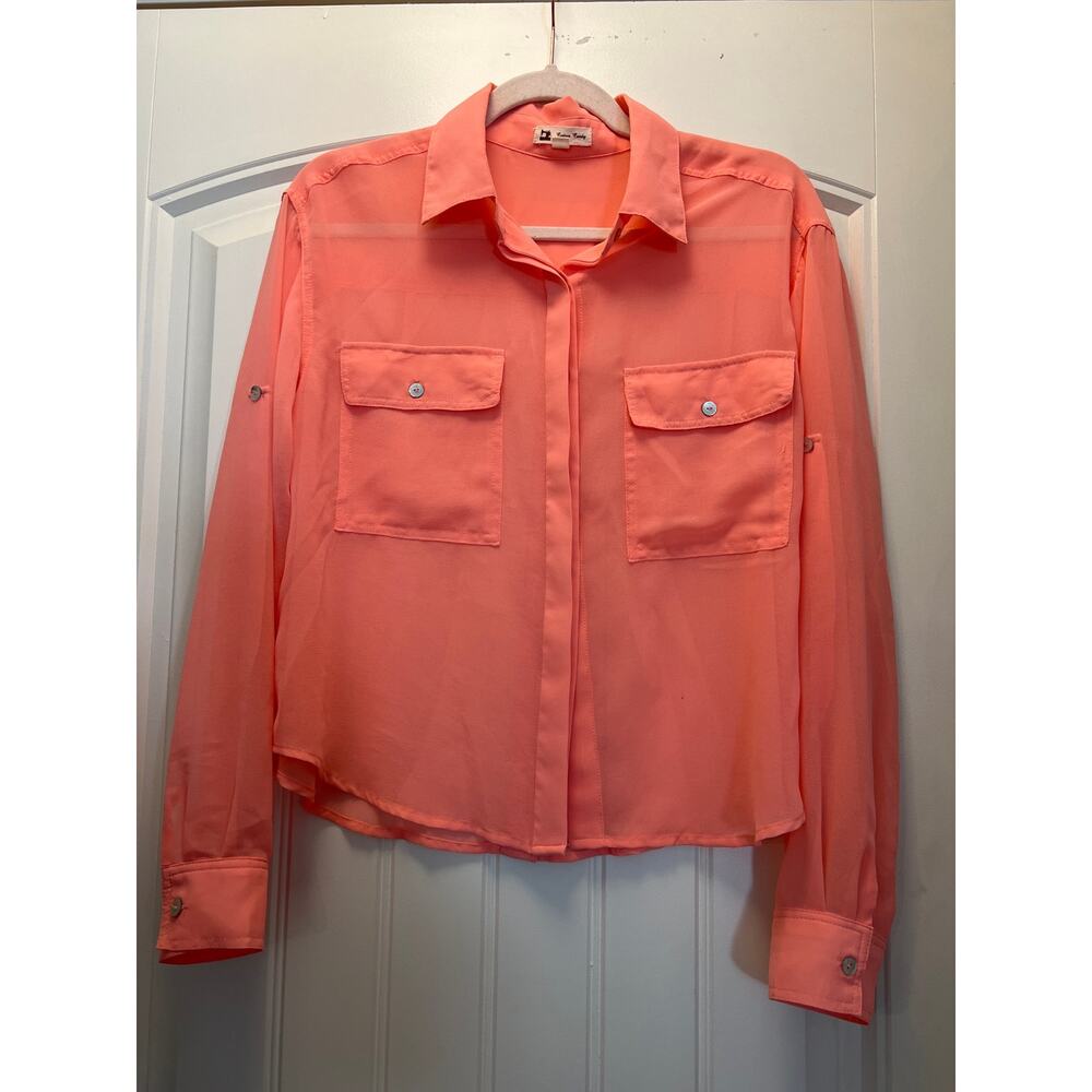 Cotton Candy‎ Women’s Sheer Long Sleeve Button Down Casual Top Size M Orange